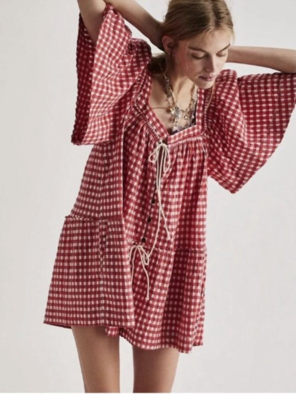 Free People County Line Red & White Plaid Romper Size XL